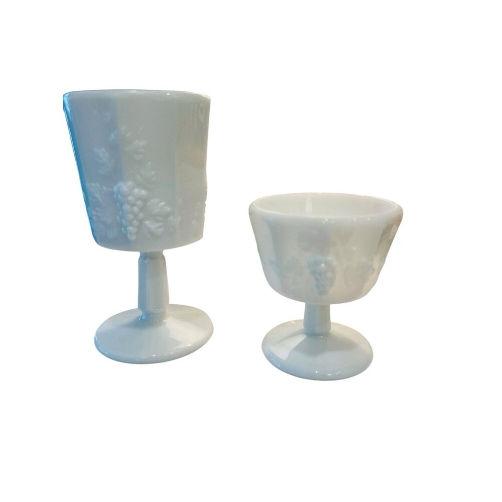 Vintage White Milk Glass Pedestal Goblet & Compote Grape Vine Embossed Set